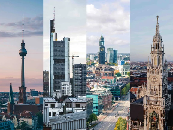 Collage Städte Berlin, Frankfurt am Main, Hamburg, München