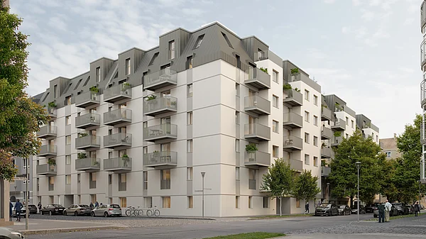 Modernes Wohngebäude mit Balkonen an Straßenecke