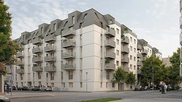 Modern residential building with balconies on street corner