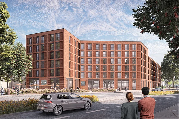 Modern brick apartment building with people