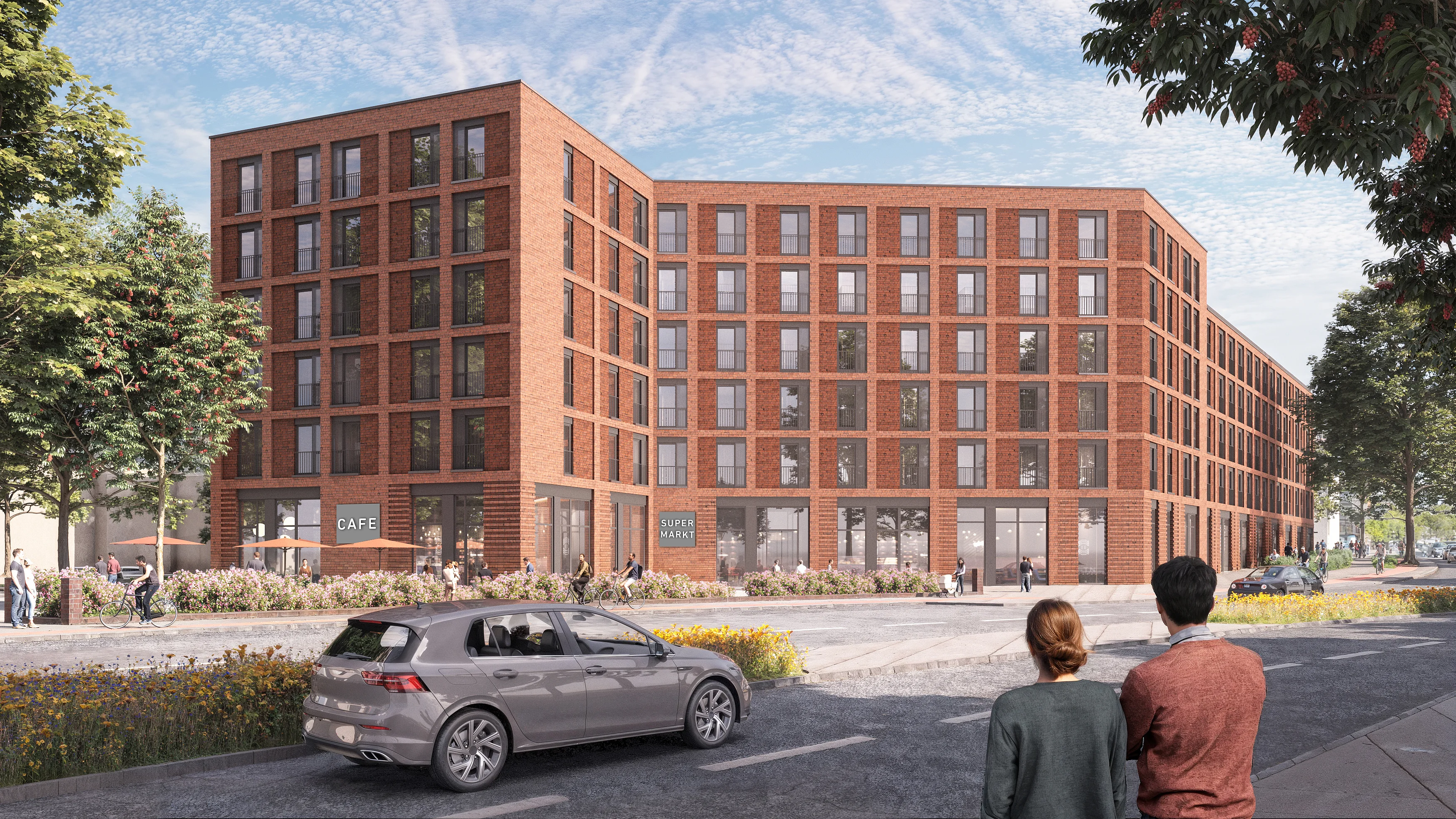 Modern brick apartment building with people